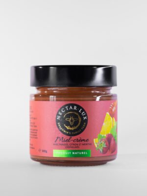 Miel Crémeux Artisanal aux Fraises, Citron et Menthe 300g - Création Gourmande Unique, Médaillé Salon Saveurs des Plaisirs Gourmands - Fruits Lyophilisés
