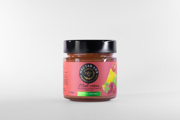 NL-157 Miel Crémeux Artisanal aux Fraises, Citron et Menthe 300g - Création Gourmande Unique, Médaillé Salon Saveurs des Plaisirs Gourmands - Fruits Lyophilisés