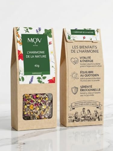 mov herbs infusion Énergisante "l'harmonie de la nature" 40g | tisane naturelle aux plantes médicinales et fleurs (mélisse, camomille, rose) | mélange artisanal premium Éco responsable