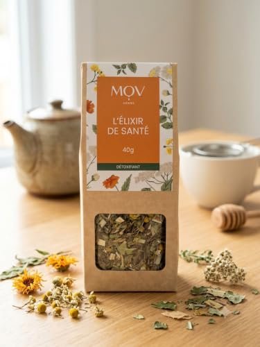 mov herbs l'Élixir de santé infusion détoxifiante 40g | plantes médicinales, mélange artisanal naturel, mélisse, calendula, camomille, tisane bien être bio, sachet kraft premium