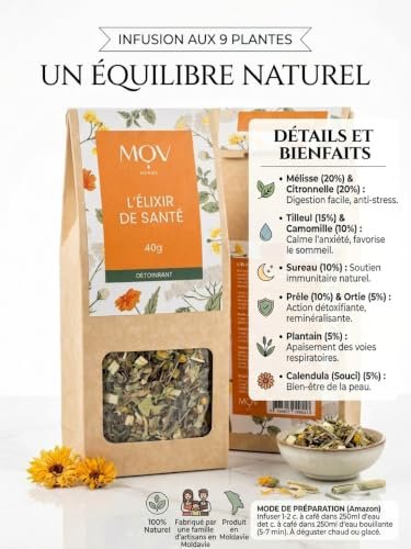 mov herbs l'Élixir de santé infusion détoxifiante 40g | plantes médicinales, mélange artisanal naturel, mélisse, calendula, camomille, tisane bien être bio, sachet kraft premium
